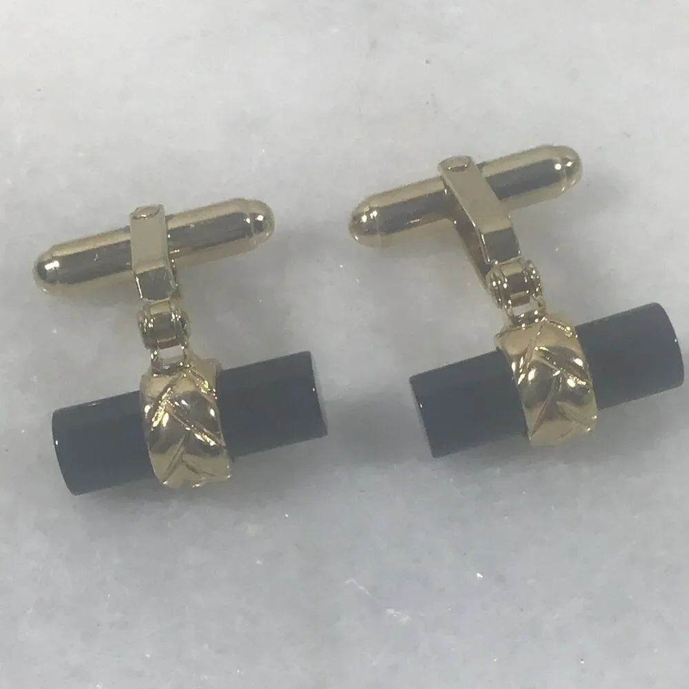 Vintage Black Onyx Gold Tone Chevron Textured Baton Cylinder Cufflinks